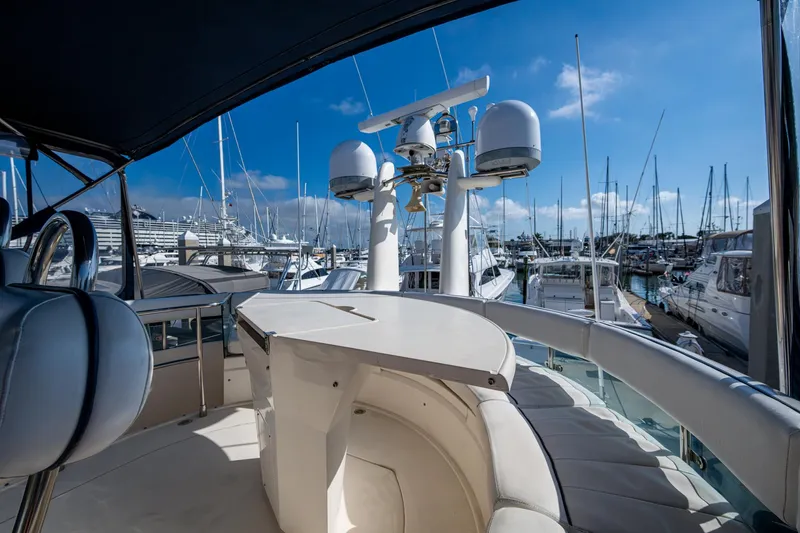 You Go Girl! Yacht Photos Pics 2000 Fairline Squadron 52 yacht docked in a marina under a clear blue sky.
