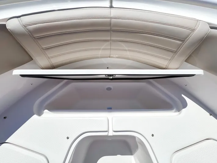  Yacht Photos Pics 2025 Edgewater 325CC boat interior with open storage compartment and cushioned seating.