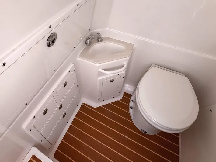  Yacht Photos Pics 2025 Edgewater 325CC boat bathroom with compact sink, toilet, and wood-patterned flooring.