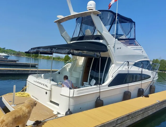  Yacht Photos Pics 2005 Carver 38 Super Sport yacht docked with a dog on the pier.