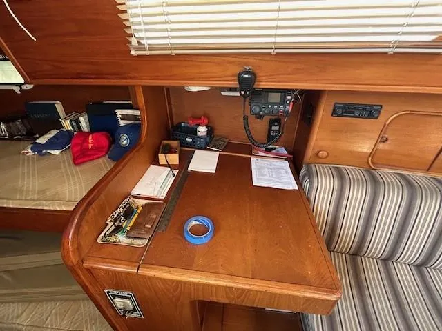 Equinox Yacht Photos Pics Interior of 1980 Irwin 46 Ketch with navigation desk and equipment.