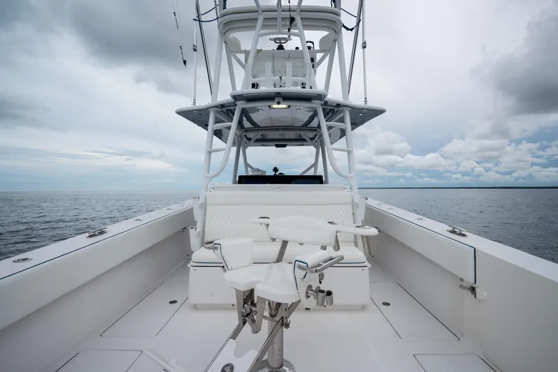  Yacht Photos Pics 2016 SeaHunter 45 boat with tower, on open water under cloudy sky.