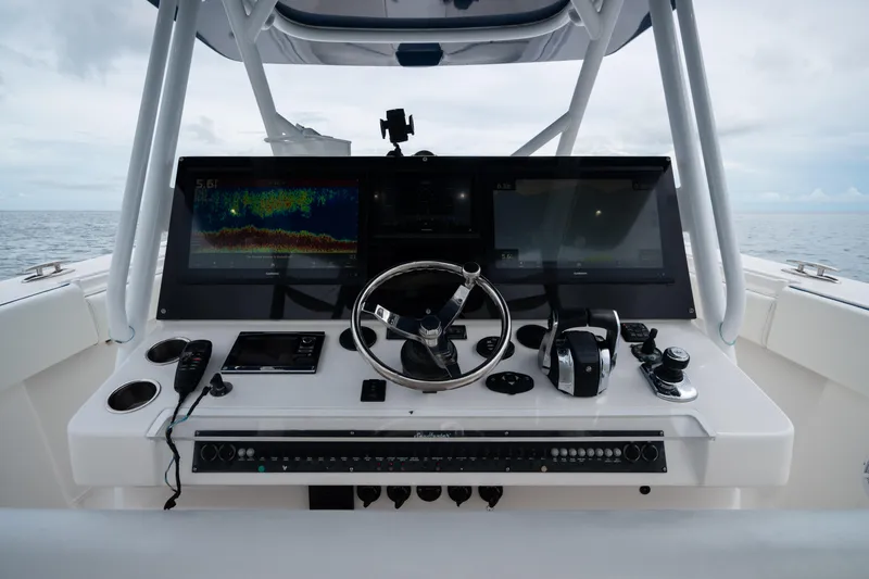  Yacht Photos Pics Helm of 2016 SeaHunter 45 boat with advanced navigation and control systems.