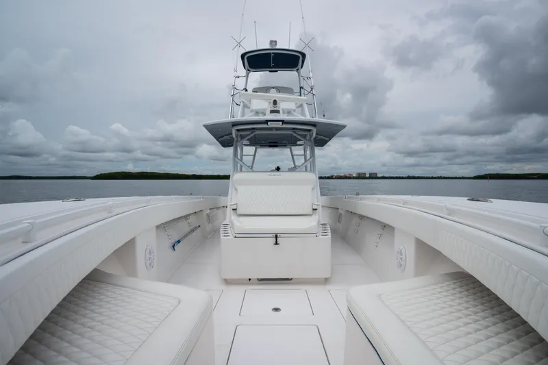  Yacht Photos Pics 2016 SeaHunter 45 boat with spacious deck and tower on a cloudy day.