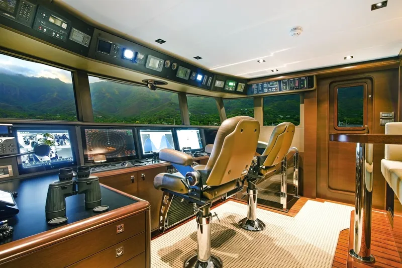  Yacht Photos Pics Luxurious 2017 Nordhavn 96 yacht helm with advanced navigation systems and panoramic views.