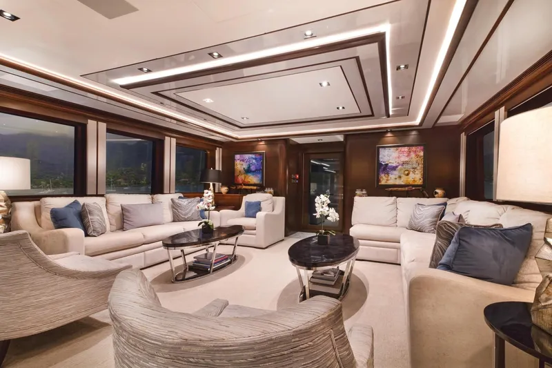  Yacht Photos Pics Luxurious interior of 2017 Nordhavn 96 yacht with elegant seating and modern decor.