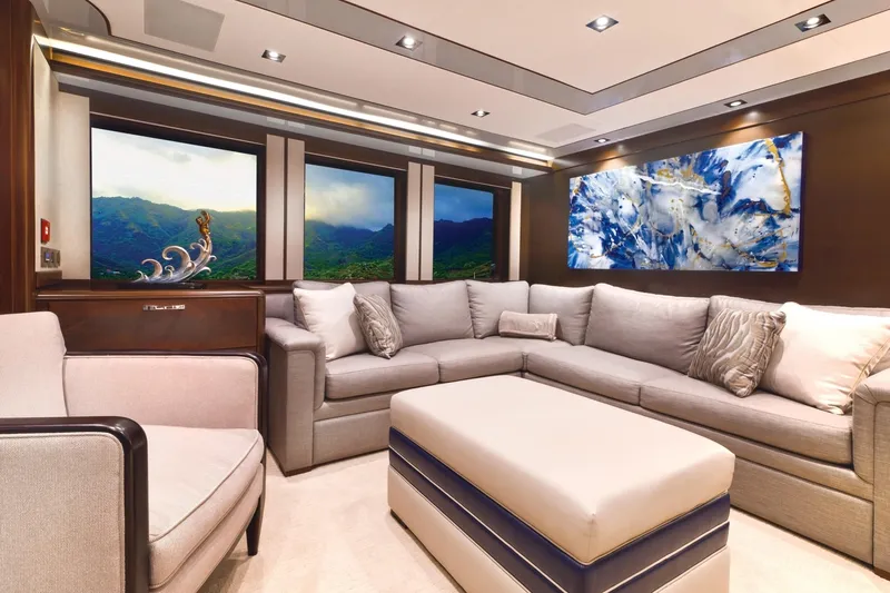  Yacht Photos Pics Luxurious interior of 2017 Nordhavn 96 yacht with elegant seating and modern decor.