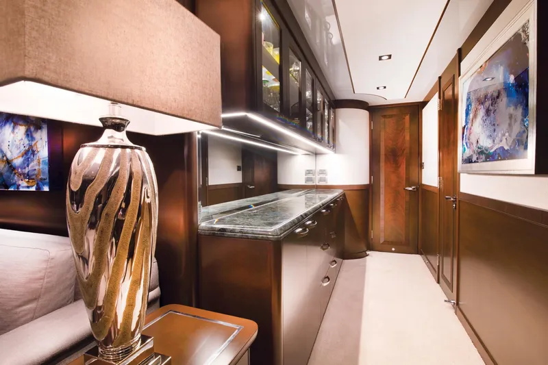  Yacht Photos Pics Luxurious interior of 2017 Nordhavn 96 yacht with elegant decor and modern lighting.