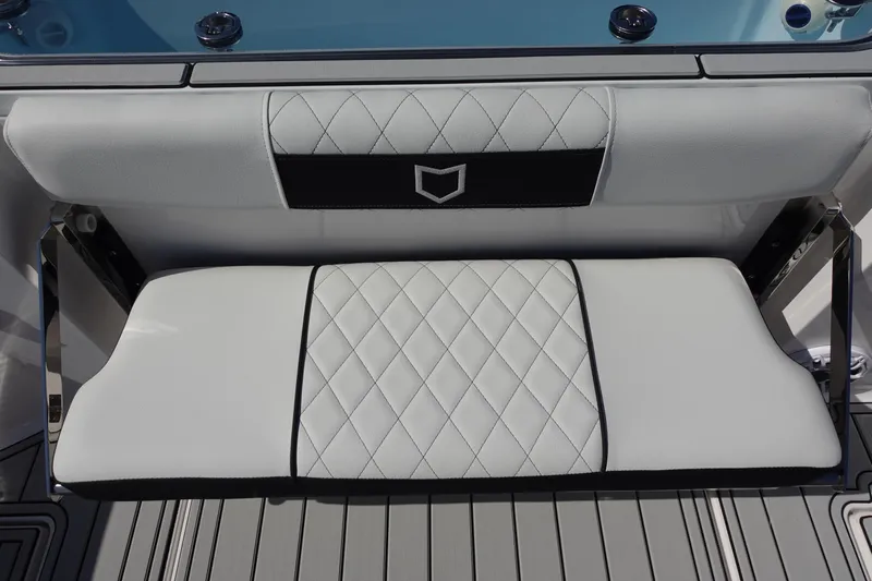  Yacht Photos Pics Luxury seating on 2025 Sea Fox 328 Commander boat with diamond-stitched upholstery.