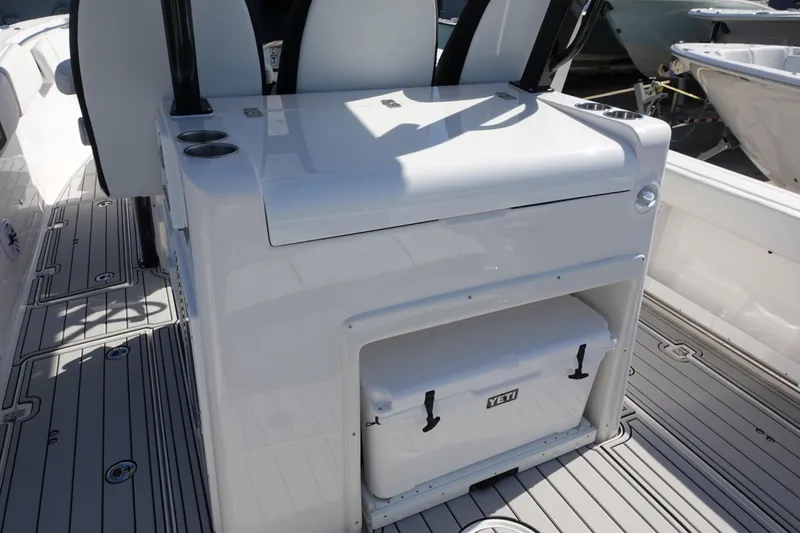  Yacht Photos Pics 2025 Sea Fox 328 Commander boat console with Yeti cooler on deck.