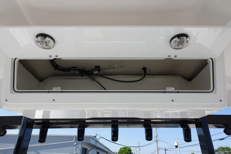  Yacht Photos Pics Storage compartment on a 2025 Sea Fox 328 Commander boat, featuring secure latches.