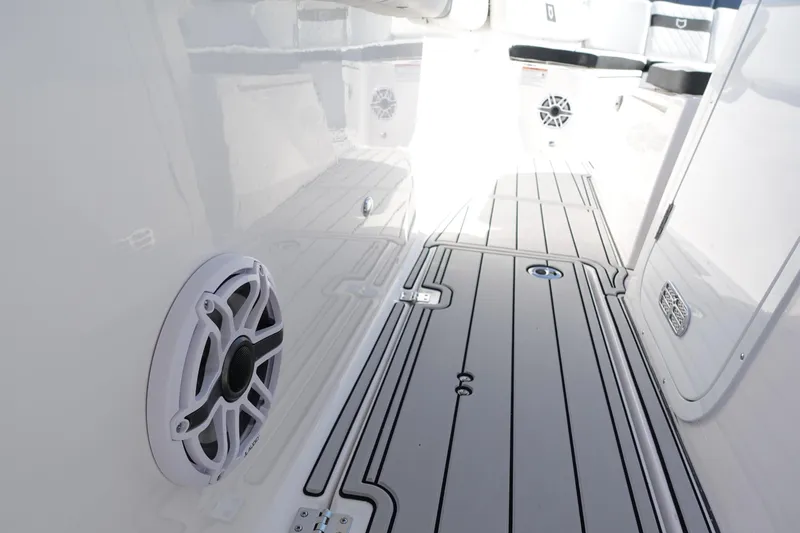  Yacht Photos Pics 2025 Sea Fox 328 Commander boat interior with sleek flooring and built-in speaker system.
