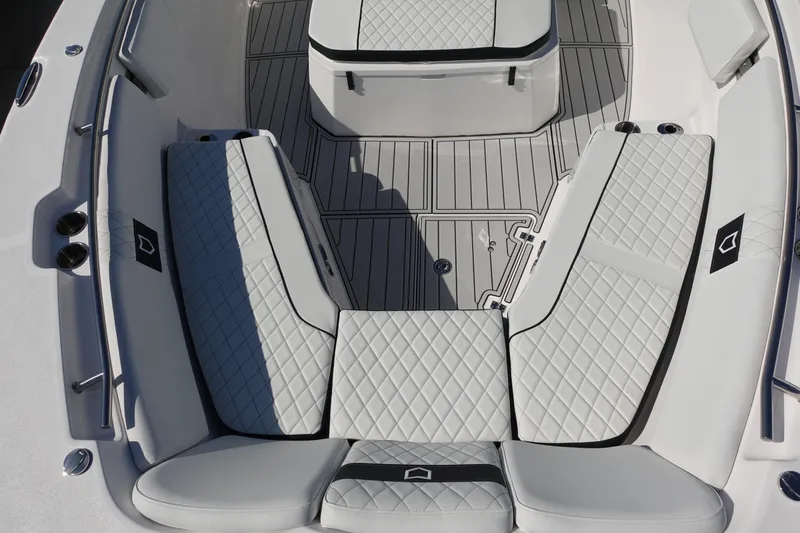  Yacht Photos Pics Luxurious seating on 2025 Sea Fox 328 Commander boat with quilted upholstery.