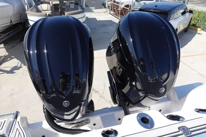 Yacht Photos Pics Twin black outboard engines on a 2025 Sea Fox 328 Commander boat.