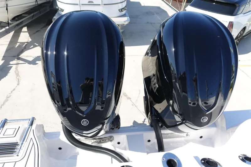  Yacht Photos Pics Twin black outboard engines on a 2025 Sea Fox 328 Commander boat.