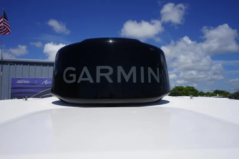  Yacht Photos Pics Garmin radar on 2025 Sea Fox 328 Commander boat under blue sky.