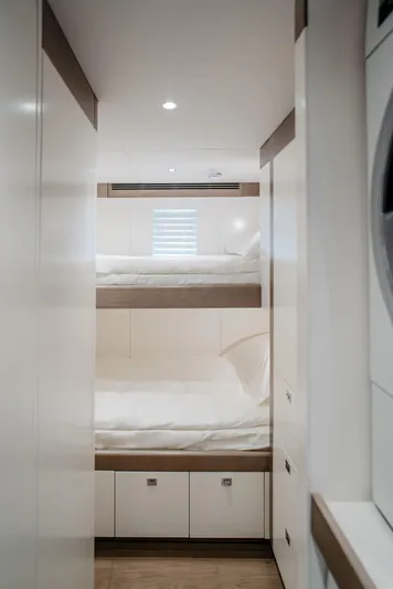 Bering 65 Explorer Yacht Yacht Photos Pics Interior of 2026 Bering 65 yacht with modern bunk beds and sleek design.