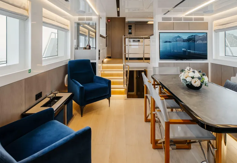 Bering 65 Explorer Yacht Yacht Photos Pics Luxurious interior of 2026 Bering 65 yacht with modern furnishings and elegant decor.