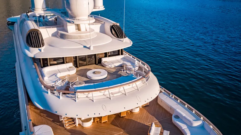 Pelorus Yacht Photos Pics Luxurious 2003 Lurssen Custom yacht with spacious deck and elegant seating area.