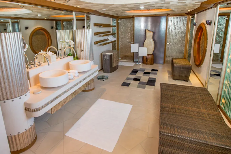 Pelorus Yacht Photos Pics Luxurious yacht bathroom with dual sinks, modern decor, and elegant lighting, Lurssen Custom 2003.