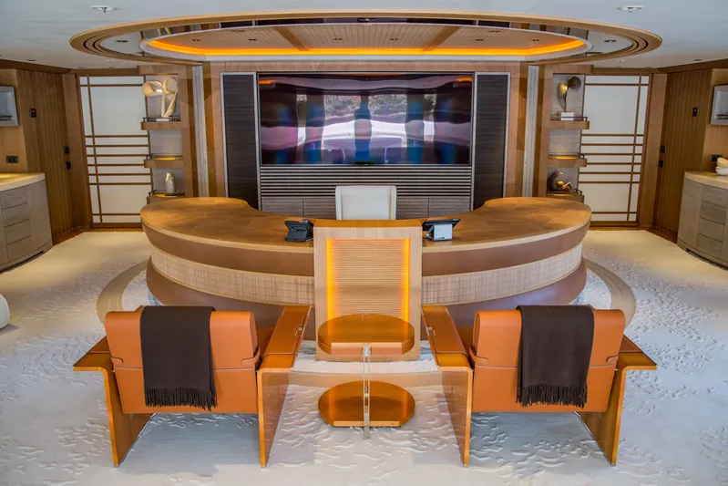 Pelorus Yacht Photos Pics Luxurious interior of 2003 Lurssen Custom yacht with elegant seating and modern design.