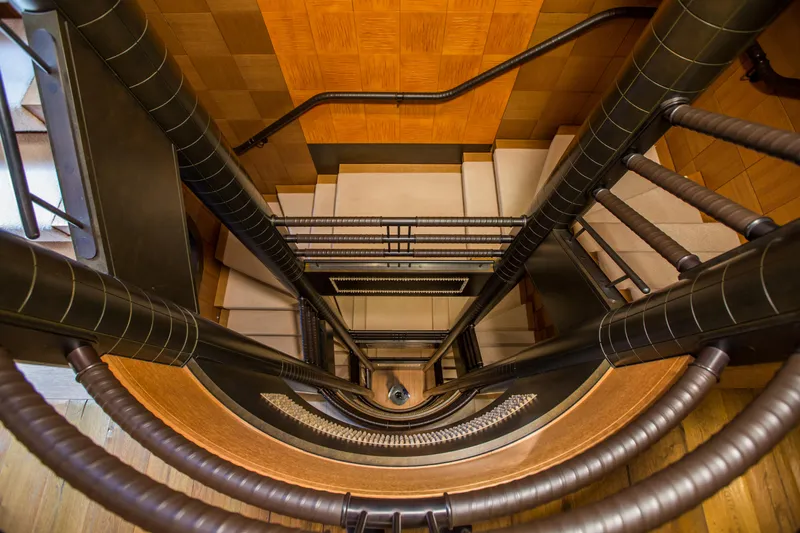 Pelorus Yacht Photos Pics Spiral staircase with modern design on Lurssen Custom yacht, 2003.