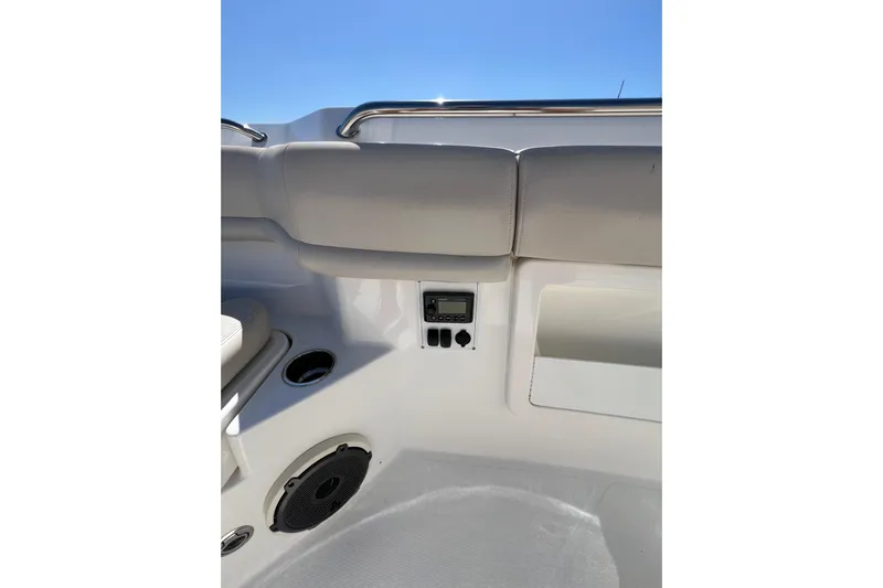 M22 Yacht Photos Pics 2019 Boston Whaler 380 Outrage interior with speaker and control panel.