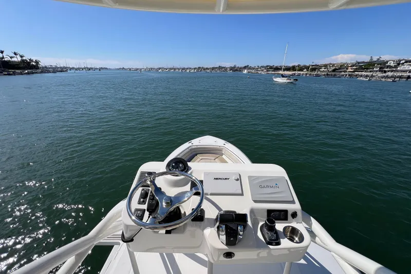 M22 Yacht Photos Pics 2019 Boston Whaler 380 Outrage helm view, overlooking calm waters and distant shoreline.