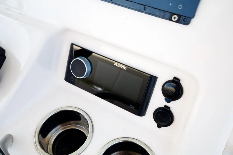  Yacht Photos Pics Fusion stereo system on 2021 Grady-White Canyon 271 boat dashboard.