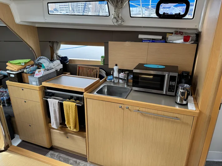 Gayle Force Yacht Photos Pics Beneteau Oceanis 38 yacht kitchen interior with modern appliances, 2014 model.