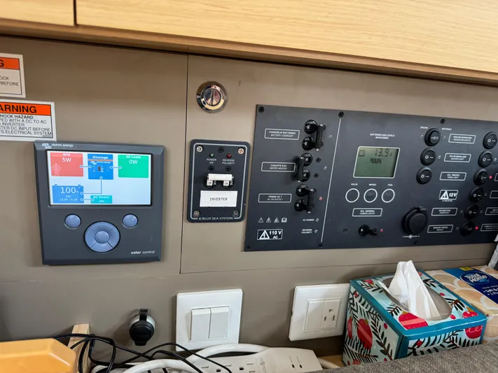 Gayle Force Yacht Photos Pics Control panel of a 2014 Beneteau Oceanis 38 sailboat with navigation and electrical systems.