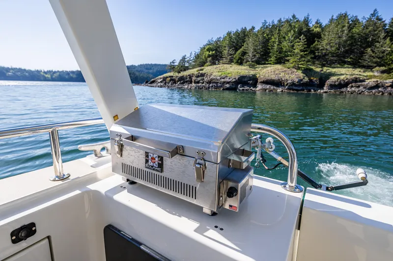 Consequence Free Yacht Photos Pics Coastal Craft 400 IPS 2009 boat with grill, scenic water and forested island backdrop.