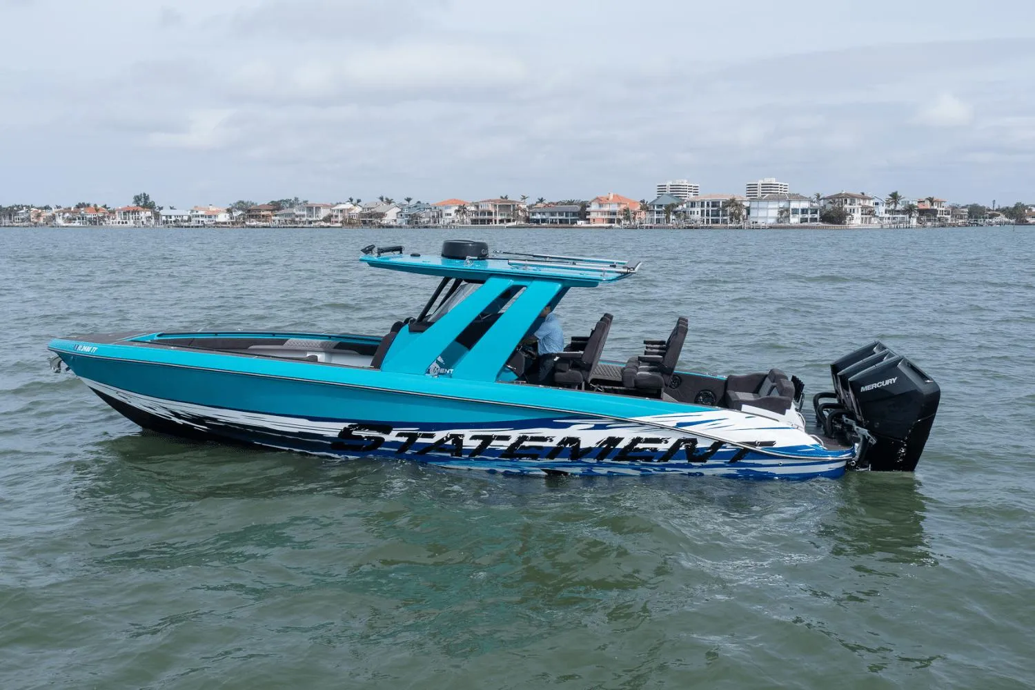 2024 Statement 38 Open boat on water, showcasing sleek design and powerful engines.