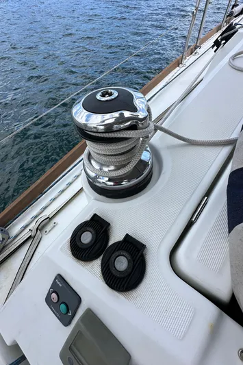 Traveller Two Yacht Photos Pics Winch and controls on 2012 Beneteau Oceanis 45 sailboat deck.