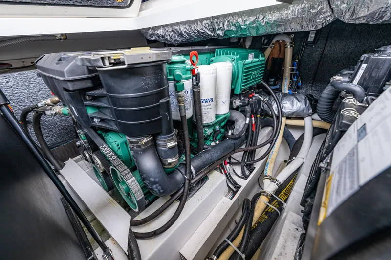 Crazy Love Yacht Photos Pics Engine compartment of 2023 Nimbus 405 Coup&eacute; with Volvo Penta components.