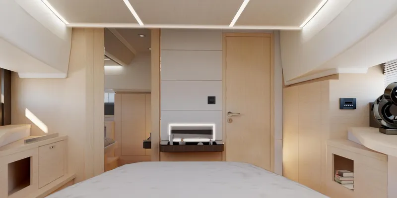  Yacht Photos Pics Luxurious interior of 2025 Jeanneau DB/37 OB yacht with modern design and ambient lighting.