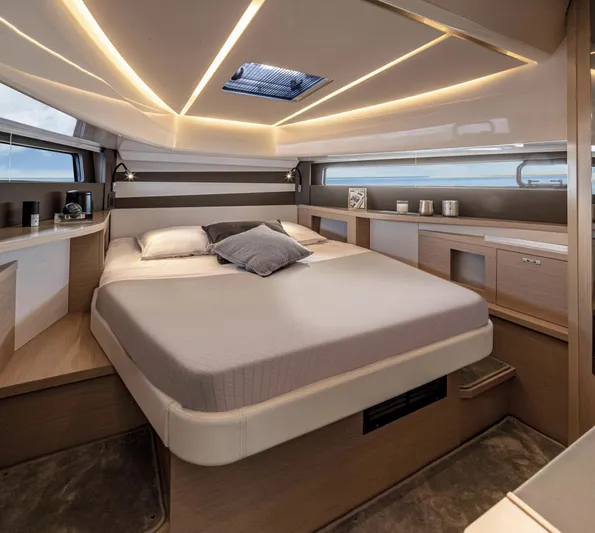  Yacht Photos Pics Luxurious cabin interior of 2025 Jeanneau DB/37 OB yacht with modern design.