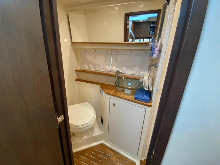  Yacht Photos Pics 2018 Sea Ray Sundancer 350 bathroom with toilet, glass sink, and wooden shelves.