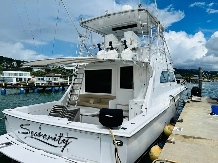  Yacht Photos Pics 1988 Bertram 54' yacht "Serenity" docked at marina under blue sky.
