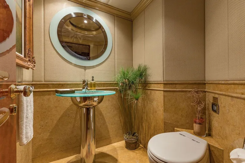 I Love This Boat Yacht Photos Pics Luxurious bathroom on 2002 Christensen Tri Deck yacht with elegant fixtures and decor.