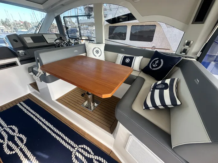  Yacht Photos Pics Interior of 2020 Galeon 425 HST yacht with stylish seating area.
