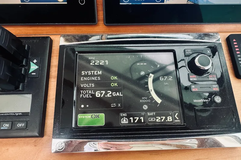 Rolling Stone Yacht Photos Pics Control panel display on a 2017 Back Cove 41 boat showing engine and fuel data.