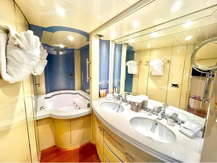  Yacht Photos Pics Luxurious Mondomarine Custom yacht bathroom with dual sinks and jacuzzi, 1995 model.