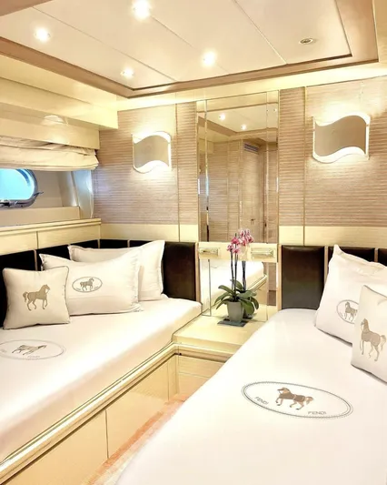  Yacht Photos Pics Luxurious Mondomarine Custom 1995 yacht cabin with elegant decor and plush bedding.