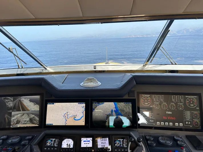  Yacht Photos Pics Cockpit view of 1995 Mondomarine Custom yacht with navigation screens and ocean horizon.