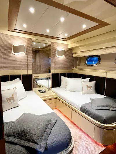  Yacht Photos Pics Luxurious Mondomarine Custom 1995 yacht cabin with twin beds and elegant decor.