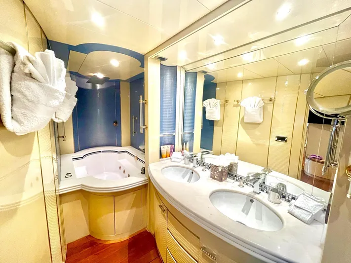  Yacht Photos Pics Luxurious Mondomarine Custom yacht bathroom with dual sinks and jacuzzi, 1995 model.