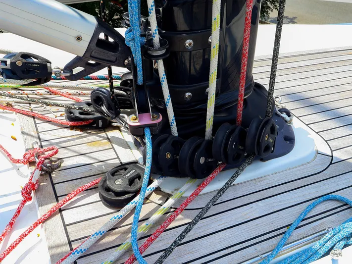 **4806tw Yacht Photos Pics Deck of 2017 Dehler 42c sailboat with colorful ropes and pulleys.