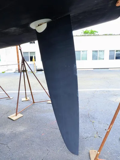 **4806tw Yacht Photos Pics Rudder of a 2017 Dehler 42c sailboat on dry dock.