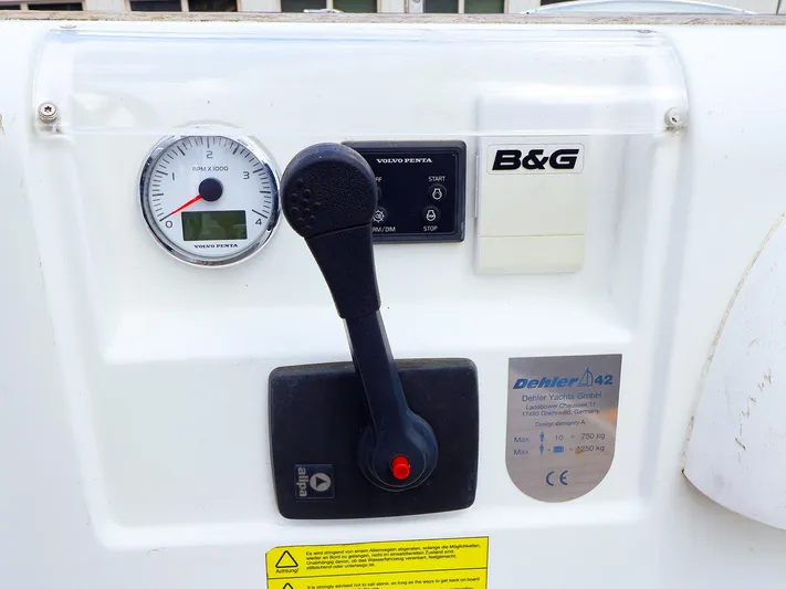 **4806tw Yacht Photos Pics Control panel of a 2017 Dehler 42c yacht with Volvo Penta gauge and throttle.